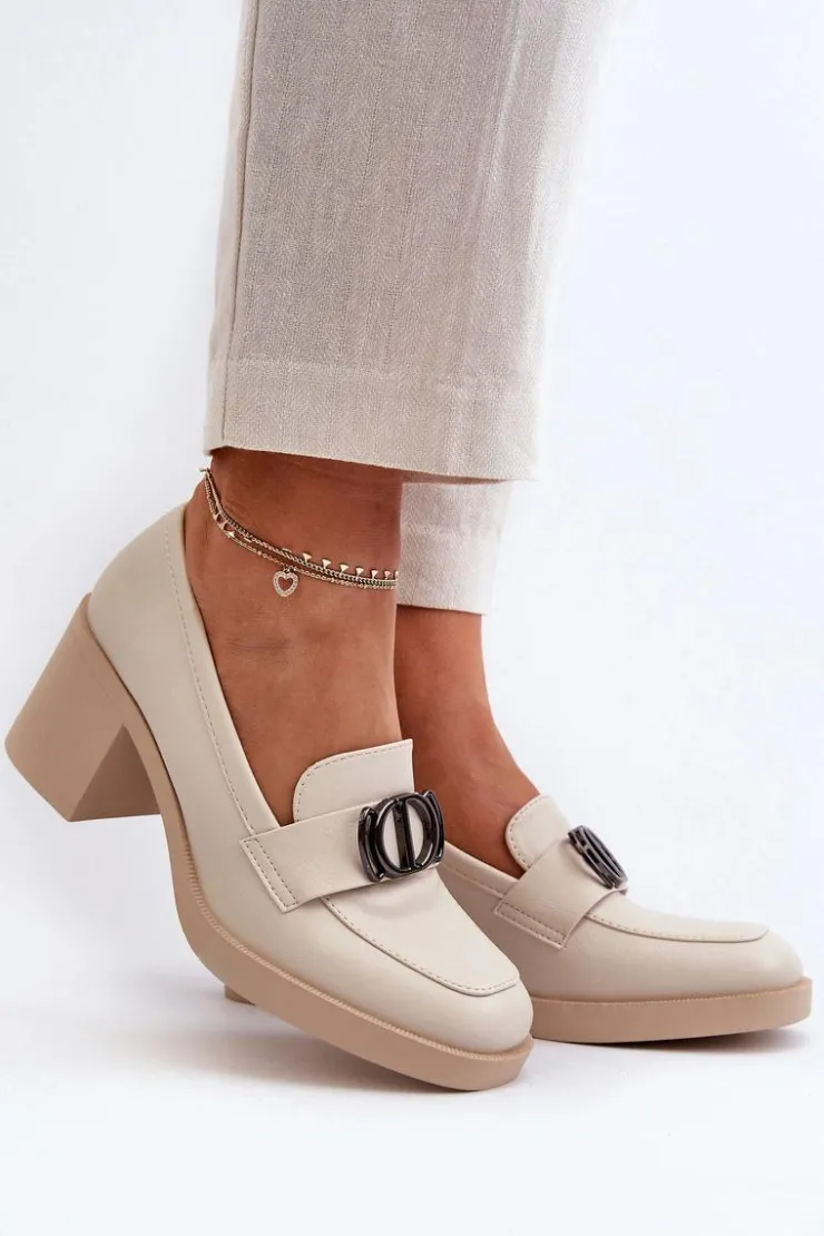 Boto Półbuty Skórzane*Półbuty Damskie Na Obcasie Z Ozdobą Beżowe Nedarea