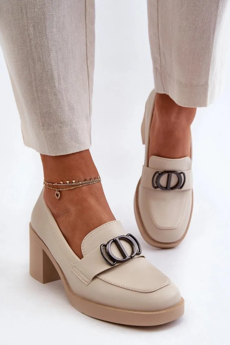 Boto Półbuty Skórzane*Półbuty Damskie Na Obcasie Z Ozdobą Beżowe Nedarea