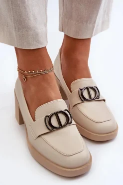 Boto Półbuty Skórzane*Półbuty Damskie Na Obcasie Z Ozdobą Beżowe Nedarea