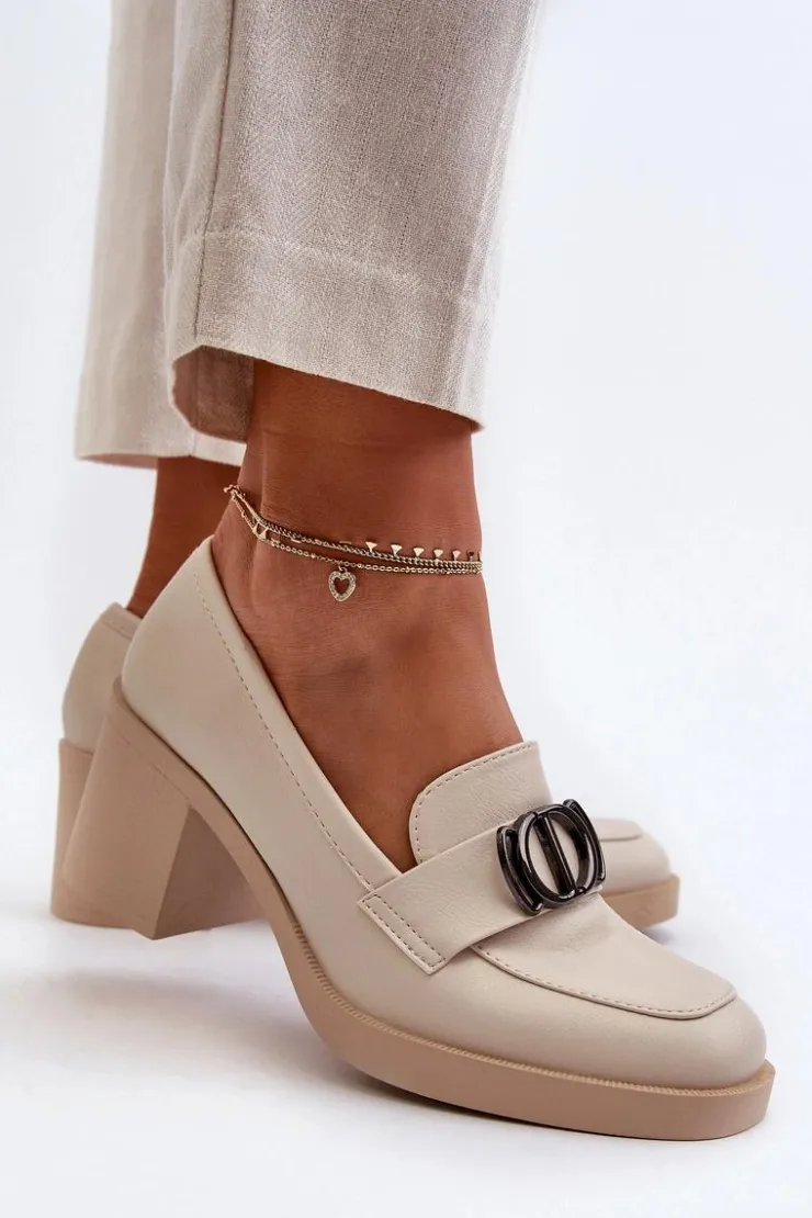Boto Półbuty Skórzane*Półbuty Damskie Na Obcasie Z Ozdobą Beżowe Nedarea