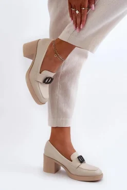 Boto Półbuty Skórzane*Półbuty Damskie Na Obcasie Z Ozdobą Beżowe Nedarea