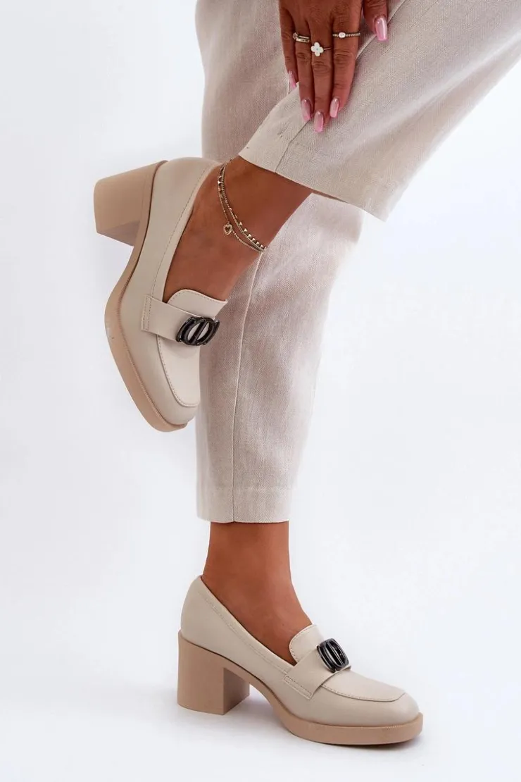 Boto Półbuty Skórzane*Półbuty Damskie Na Obcasie Z Ozdobą Beżowe Nedarea