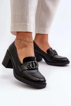 Clearance Boto Półbuty Damskie Na Obcasie Z Ozdobą Czarne Nedarea