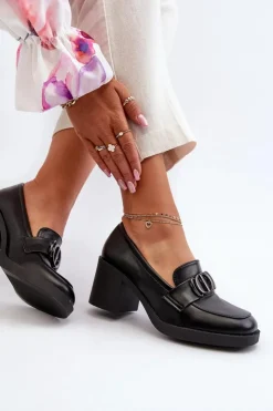 Clearance Boto Półbuty Damskie Na Obcasie Z Ozdobą Czarne Nedarea