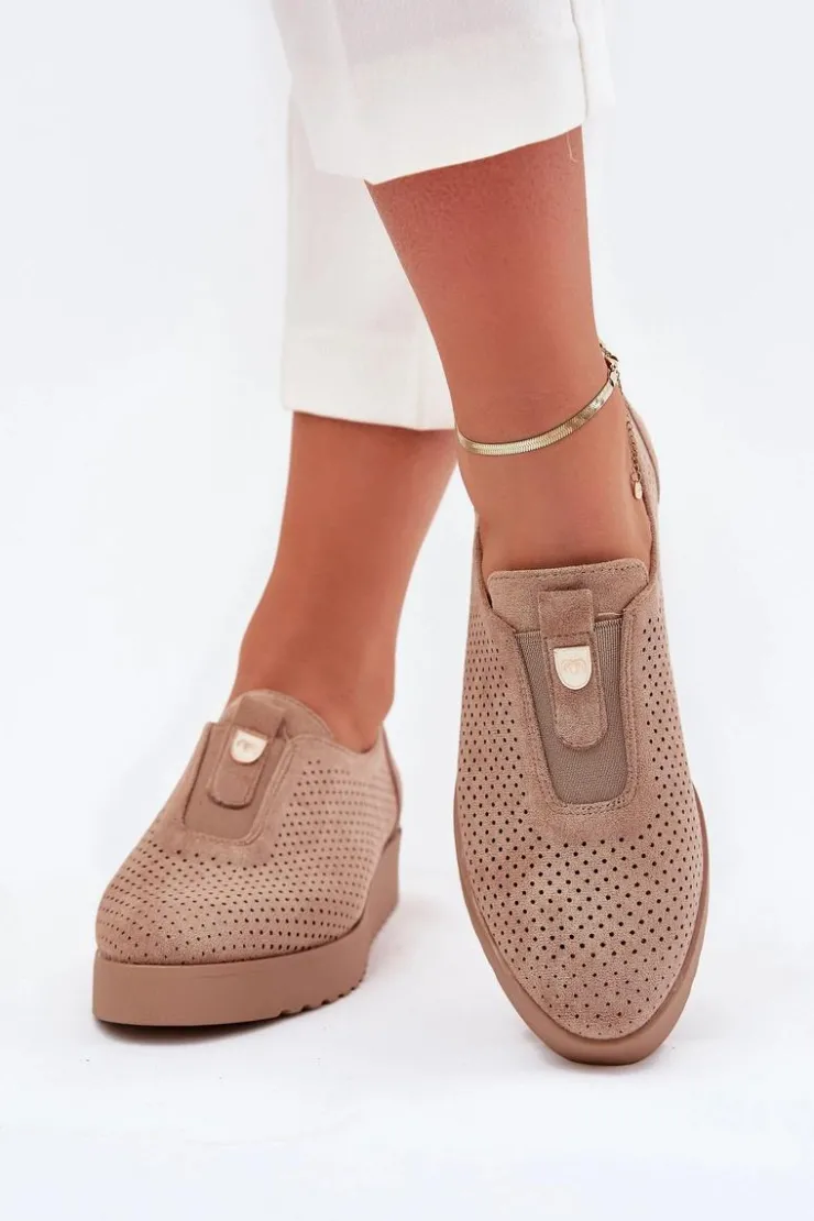 Boto Półbuty Skórzane*Półbuty Damskie Na Platformie Z Eko Zamszu Ciemnobeżowe Aviara