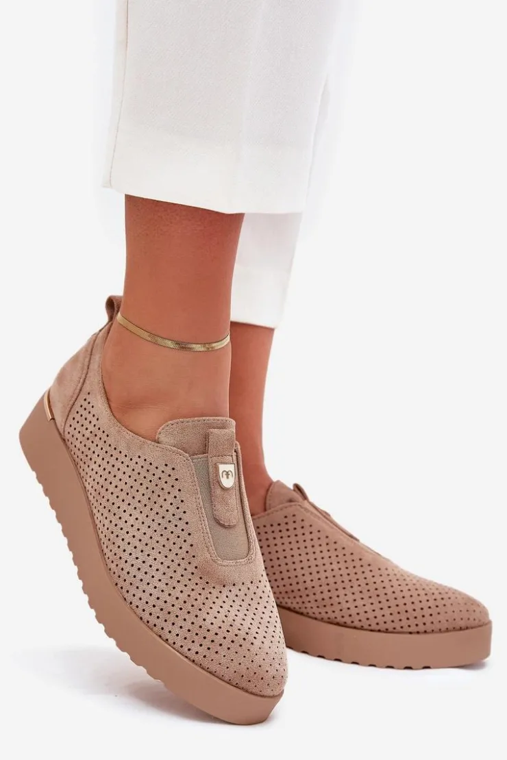 Boto Półbuty Skórzane*Półbuty Damskie Na Platformie Z Eko Zamszu Ciemnobeżowe Aviara