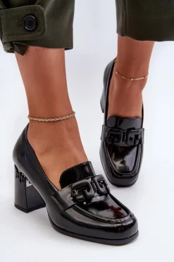 Damskie buty S.Barski Półbuty Lakierowane|Półbuty Skórzane*Półbuty Damskie Na Słupku Lakierowane Czarne D&A MR38-973 Czarny