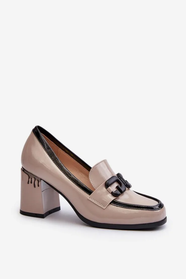 Clearance Damskie buty S.Barski Półbuty Damskie Na Słupku Lakierowane Beżowe D&A MR38-973 Beżowy