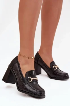 Boto Półbuty Lakierowane|Półbuty Skórzane*Półbuty Damskie Na Słupku Z Tłoczeniem I Złotym Detalem Czarne Novella Czarny