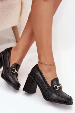 Boto Półbuty Lakierowane|Półbuty Skórzane*Półbuty Damskie Na Słupku Z Tłoczeniem I Złotym Detalem Czarne Novella Czarny