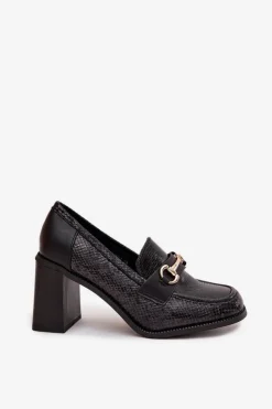 Boto Półbuty Lakierowane|Półbuty Skórzane*Półbuty Damskie Na Słupku Z Tłoczeniem I Złotym Detalem Czarne Novella Czarny