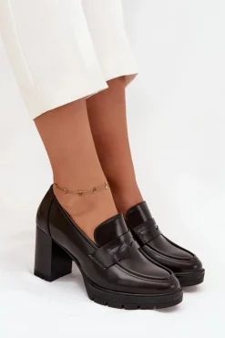 Damskie Boto Półbuty Damskie Na Słupku Z Eko Skóry Czekoladowe Ilyssia