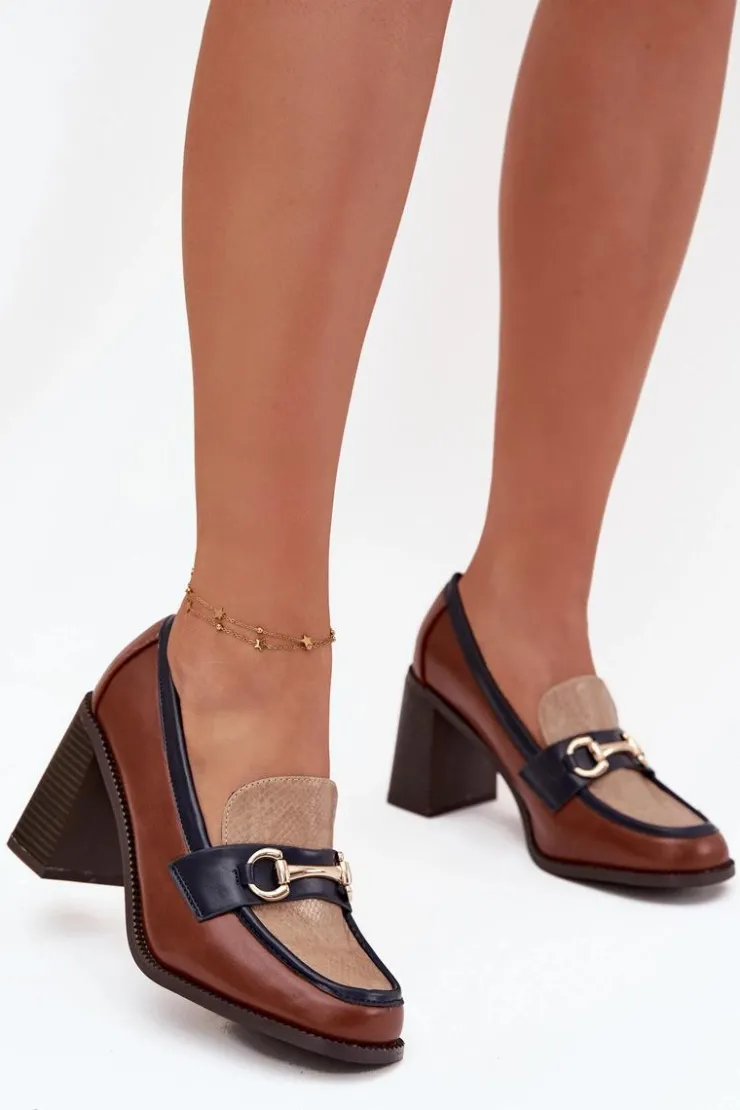 Hot Boto Półbuty Damskie Na Słupku Z Tłoczeniem I Złotym Detalem Beżowo-Brązowe Novella Beżowy