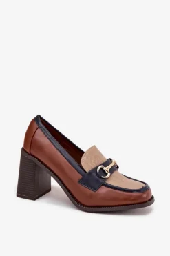 Hot Boto Półbuty Damskie Na Słupku Z Tłoczeniem I Złotym Detalem Beżowo-Brązowe Novella Beżowy