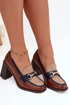 Hot Boto Półbuty Damskie Na Słupku Z Tłoczeniem I Złotym Detalem Beżowo-Brązowe Novella Beżowy