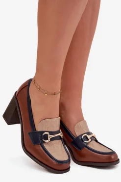 Hot Boto Półbuty Damskie Na Słupku Z Tłoczeniem I Złotym Detalem Beżowo-Brązowe Novella Beżowy