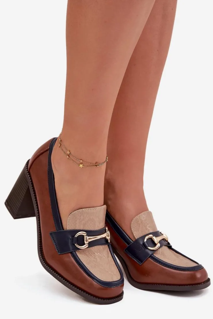 Hot Boto Półbuty Damskie Na Słupku Z Tłoczeniem I Złotym Detalem Beżowo-Brązowe Novella Beżowy