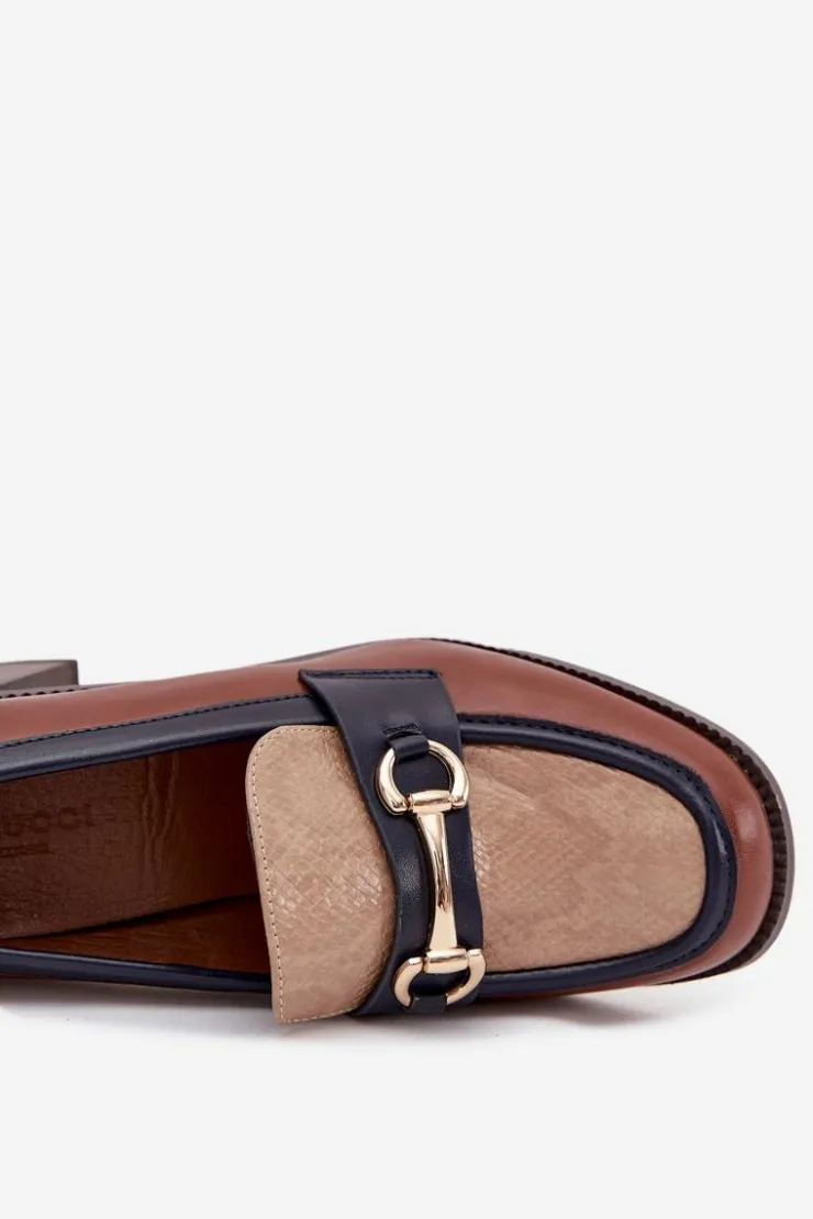 Hot Boto Półbuty Damskie Na Słupku Z Tłoczeniem I Złotym Detalem Beżowo-Brązowe Novella Beżowy