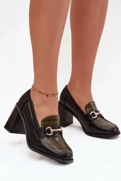 Damskie Boto Półbuty Damskie Na Słupku Z Tłoczeniem I Złotym Detalem Zielono-Czarne Novella