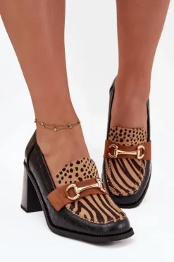 Boto Półbuty Lakierowane|Półbuty Skórzane*Półbuty Damskie Na Słupku Z Tłoczeniem I Złotym Detalem Czarno-Beżowe Novella Czarny