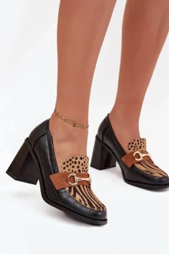 Boto Półbuty Lakierowane|Półbuty Skórzane*Półbuty Damskie Na Słupku Z Tłoczeniem I Złotym Detalem Czarno-Beżowe Novella Czarny