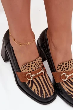 Boto Półbuty Lakierowane|Półbuty Skórzane*Półbuty Damskie Na Słupku Z Tłoczeniem I Złotym Detalem Czarno-Beżowe Novella Czarny