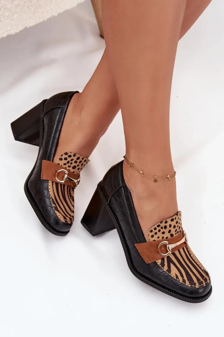 Boto Półbuty Lakierowane|Półbuty Skórzane*Półbuty Damskie Na Słupku Z Tłoczeniem I Złotym Detalem Czarno-Beżowe Novella Czarny