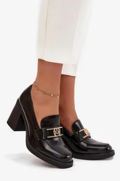 Damskie Boto Półbuty Damskie Na Słupku Ze Złotym Detalem Czarne Privelle