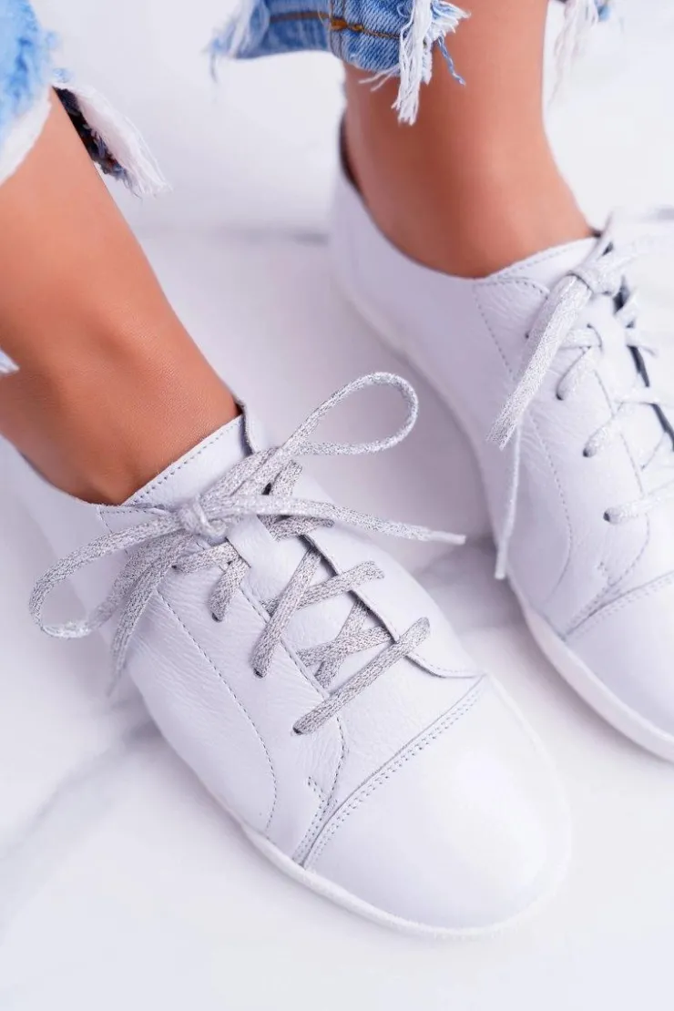 Maciejka Półbuty Skórzane*Półbuty Damskie Tenisówki Skórzane Białe 4049A