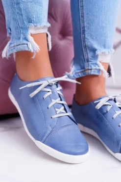Maciejka Półbuty Skórzane*Półbuty Damskie Tenisówki Skórzane Jasno Niebieskie 4049A
