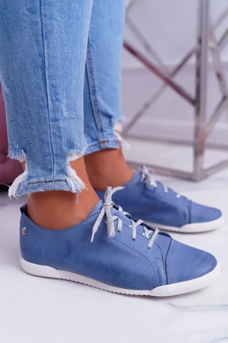 Maciejka Półbuty Skórzane*Półbuty Damskie Tenisówki Skórzane Jasno Niebieskie 4049A