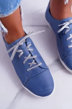 Maciejka Półbuty Skórzane*Półbuty Damskie Tenisówki Skórzane Jasno Niebieskie 4049A