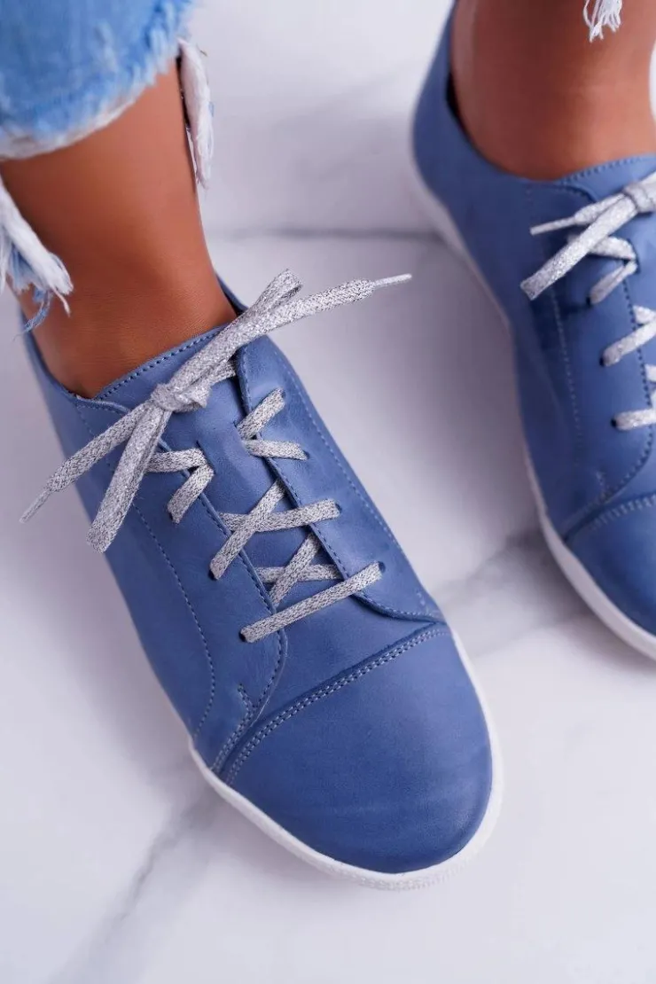 Maciejka Półbuty Skórzane*Półbuty Damskie Tenisówki Skórzane Jasno Niebieskie 4049A