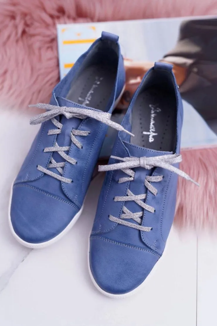 Maciejka Półbuty Skórzane*Półbuty Damskie Tenisówki Skórzane Jasno Niebieskie 4049A