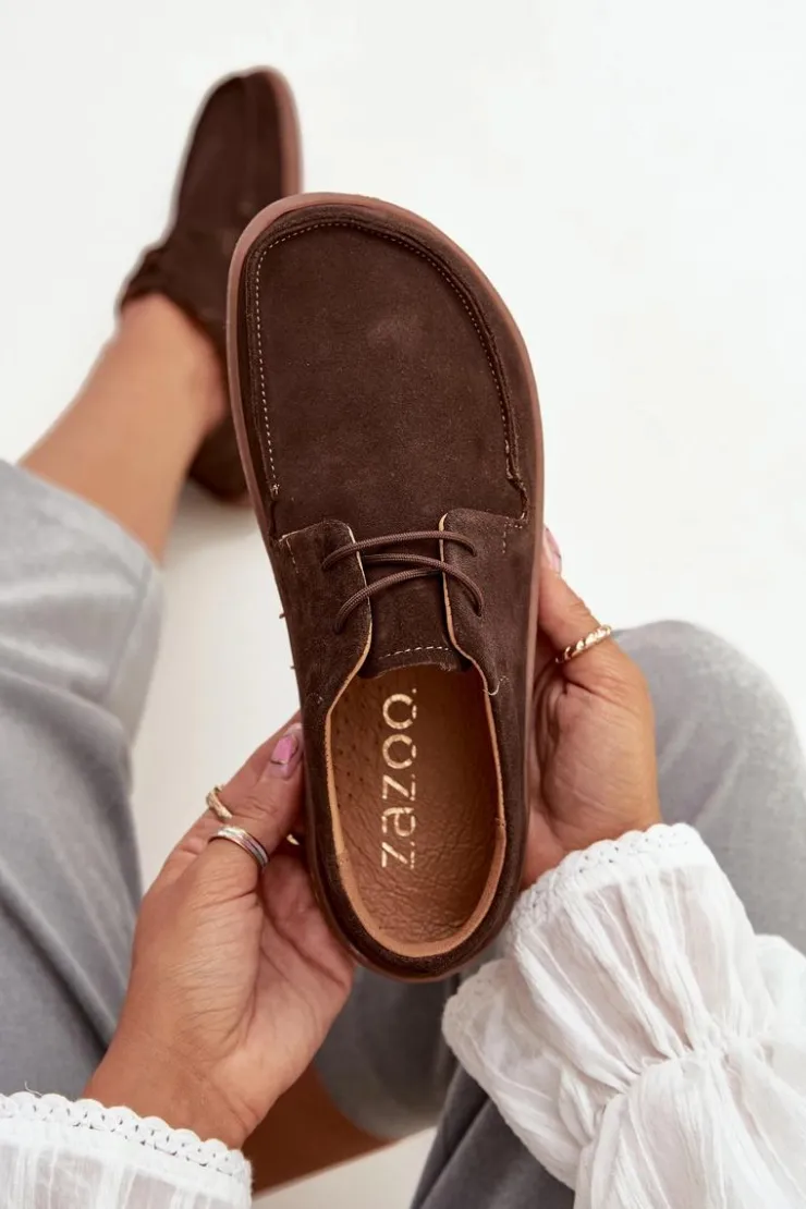 Zazoo Półbuty Skórzane|Barefoot*Półbuty Damskie Typu Barefoot Z Naturalnego Zamszu 327 Czekoladowe Brązowy