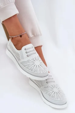Evento Półbuty Skórzane*Półbuty Damskie Wsuwane Ażurowe Białe Azethia Biały