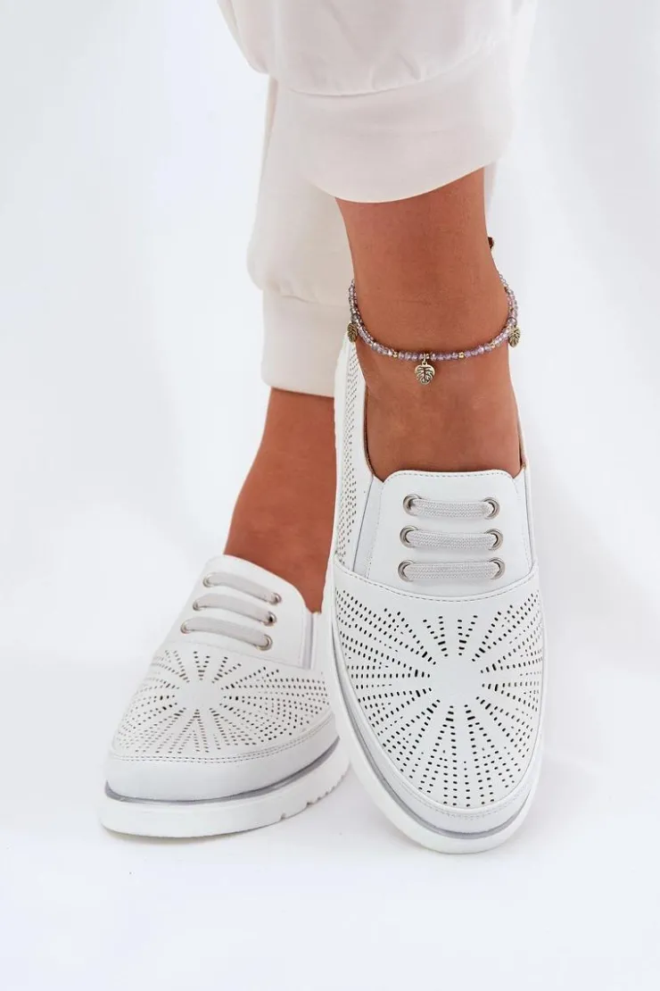 Evento Półbuty Skórzane*Półbuty Damskie Wsuwane Ażurowe Białe Azethia Biały