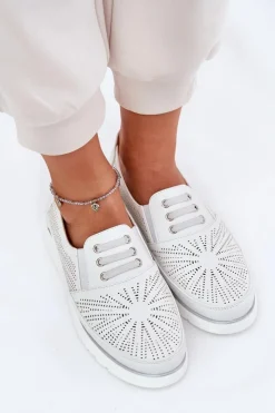 Evento Półbuty Skórzane*Półbuty Damskie Wsuwane Ażurowe Białe Azethia Biały