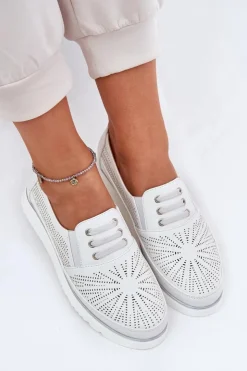 Evento Półbuty Skórzane*Półbuty Damskie Wsuwane Ażurowe Białe Azethia Biały
