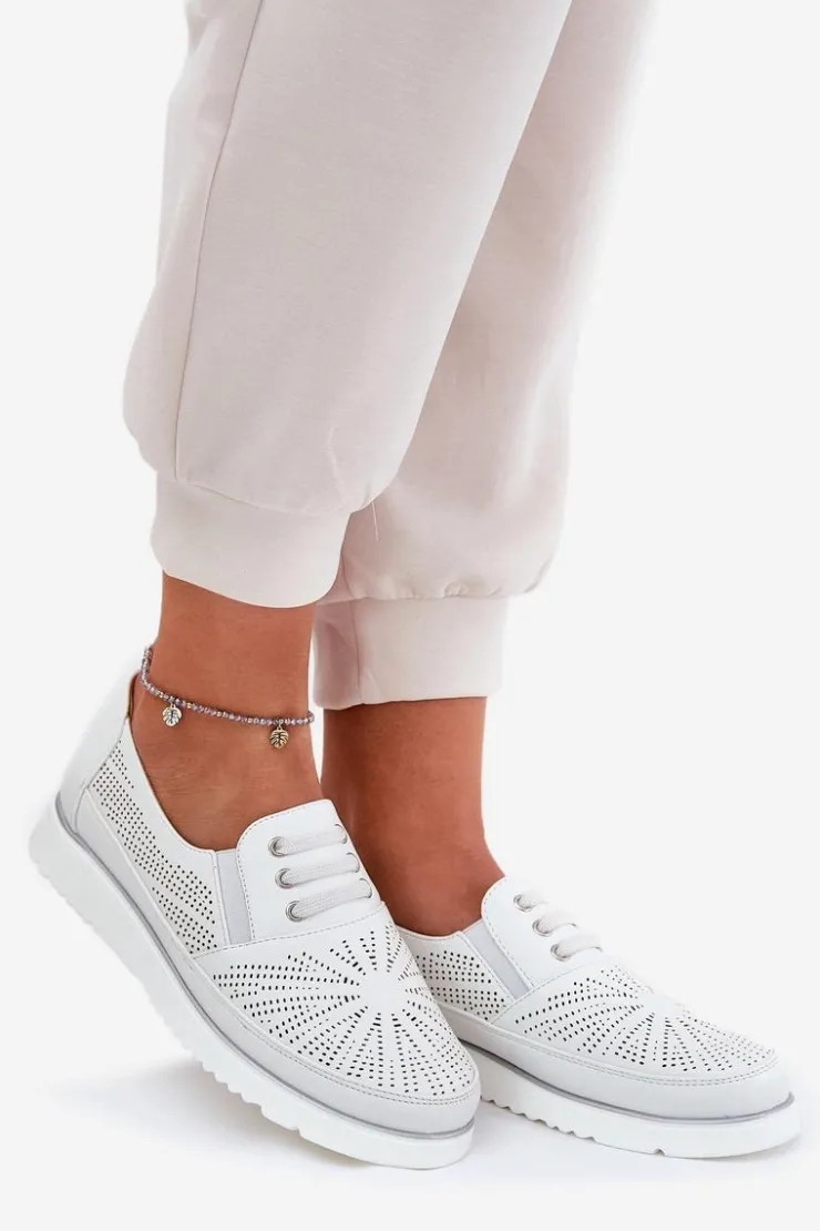 Evento Półbuty Skórzane*Półbuty Damskie Wsuwane Ażurowe Białe Azethia Biały