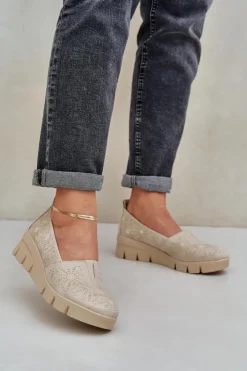 Outlet Boto Półbuty Damskie Z Ażurowym Wzorem Na Koturnie Złote Lisvia