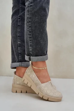 Outlet Boto Półbuty Damskie Z Ażurowym Wzorem Na Koturnie Złote Lisvia