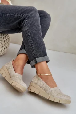 Outlet Boto Półbuty Damskie Z Ażurowym Wzorem Na Koturnie Złote Lisvia