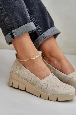 Outlet Boto Półbuty Damskie Z Ażurowym Wzorem Na Koturnie Złote Lisvia