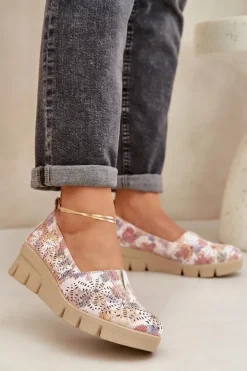 Boto Półbuty Skórzane*Półbuty Damskie Z Ażurowym Wzorem Na Koturnie Multikolor Lisvia