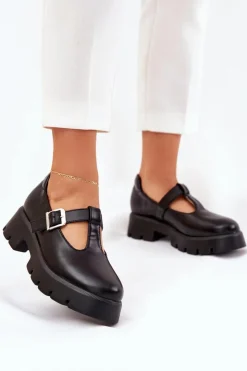 Boto Półbuty Skórzane*Półbuty Damskie Z Klamrą Na Platformie I Płaskim Obcasie Czarne Venda