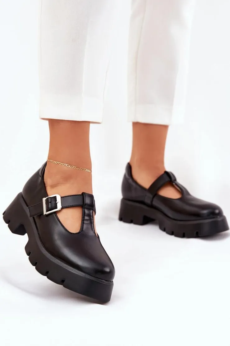 Boto Półbuty Skórzane*Półbuty Damskie Z Klamrą Na Platformie I Płaskim Obcasie Czarne Venda