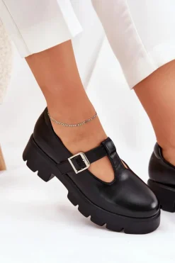 Boto Półbuty Skórzane*Półbuty Damskie Z Klamrą Na Platformie I Płaskim Obcasie Czarne Venda