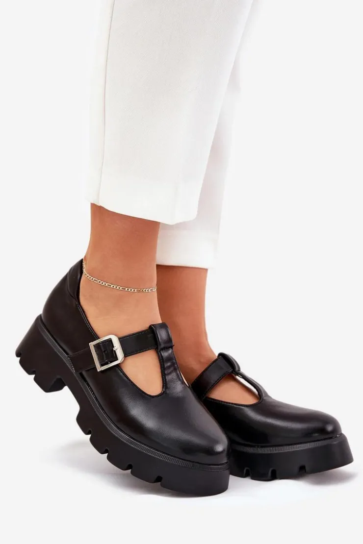 Boto Półbuty Skórzane*Półbuty Damskie Z Klamrą Na Platformie I Płaskim Obcasie Czarne Venda