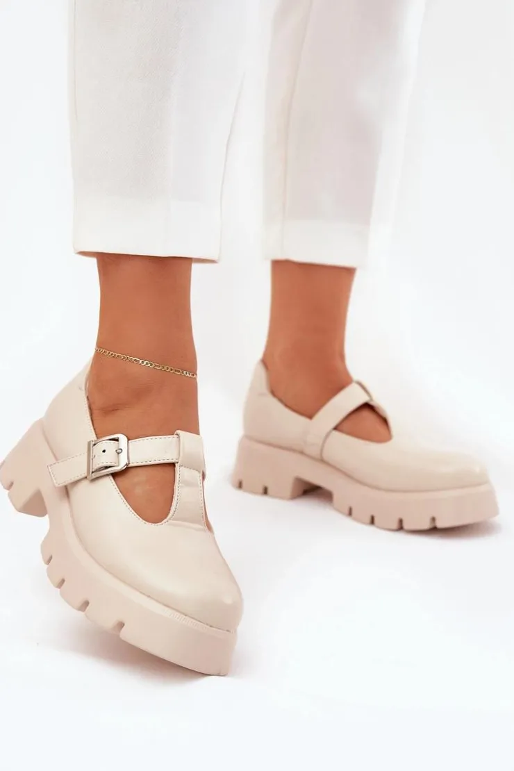 Boto Półbuty Skórzane*Półbuty Damskie Z Klamrą Na Platformie I Płaskim Obcasie Beżowe Venda Beżowy